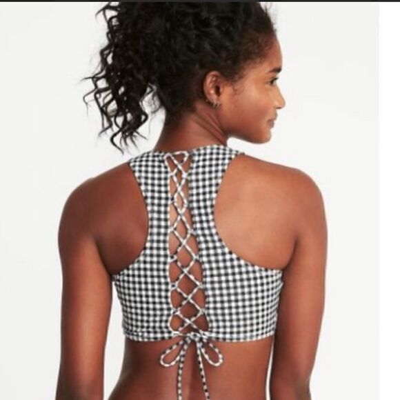 OLD NAVY Swim Black White Checkered Lace Up Back Halter Top Size Large - Picture 1 of 2